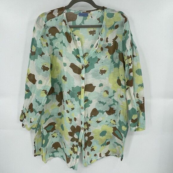 Provence D’amour Shirt Women Large Multicolor Floral Linen Long Sleeve Button-Up - Picture 1 of 11